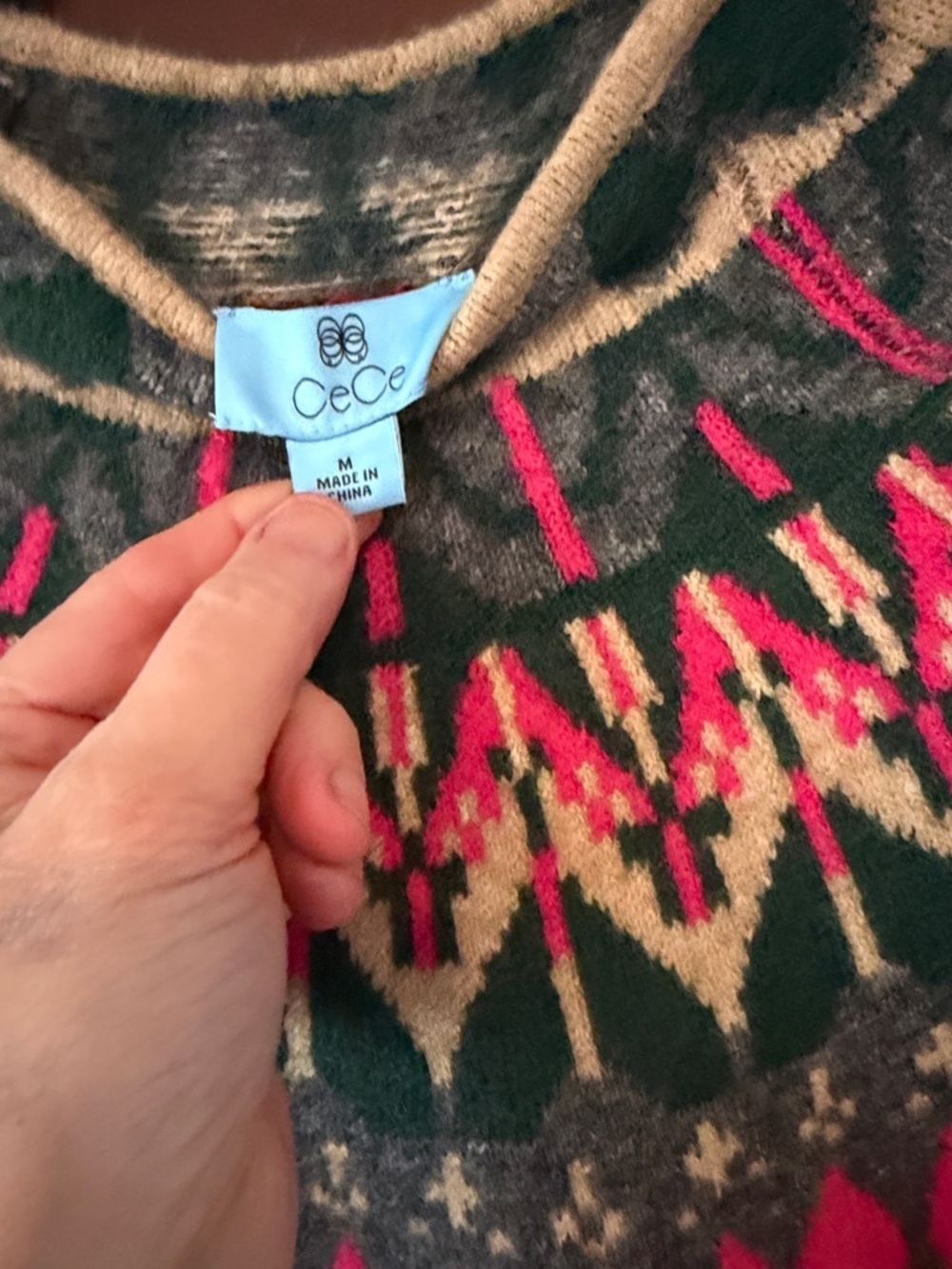CeCe Tan Fair Isle Cowl Neck Sweater with Pink & Green Accents - Picture 3 of 6